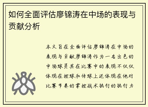 如何全面评估廖锦涛在中场的表现与贡献分析