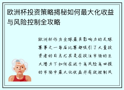 欧洲杯投资策略揭秘如何最大化收益与风险控制全攻略